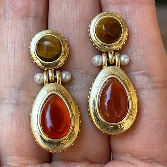 Carolee natural carnelian tigers eye freshwater pearl gold drop earrings - Picture 7 of 10
